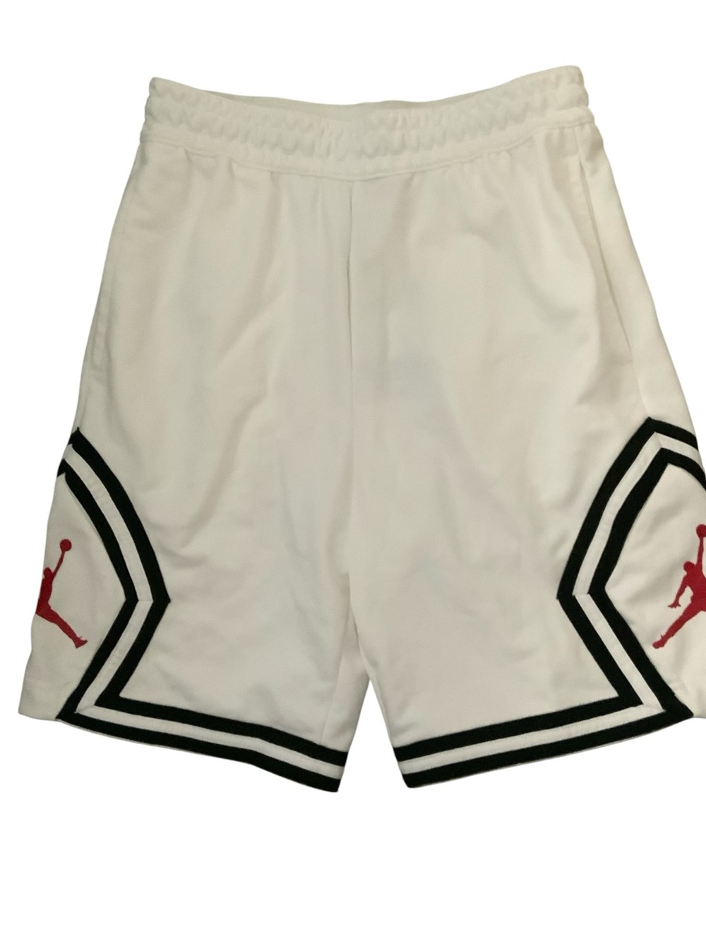 Jordan White Athletic Basketball Shorts with Black Trim and Red Jumpman